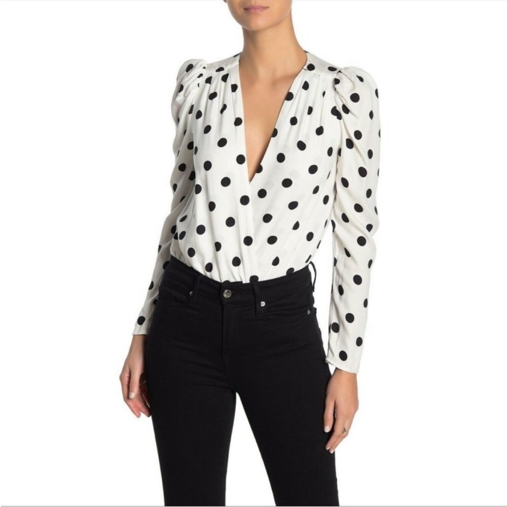 AFRM White Polka Dot Long Sleeve Bodysuit with Black Dots